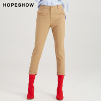 hopeshow休闲裤红袖夏装新款韩版纯色不对称中腰九分休闲裤女