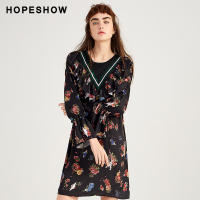 hopeshow连衣裙女红袖春装新款女装印花荷叶边绑带喇叭袖连衣裙女