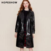 hopeshow风衣女 红袖2019秋装新款黑色系带OL气质中长款翻领外套