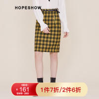 红袖半身裙秋新款女装显瘦格子后开叉直筒包臀中裙格965