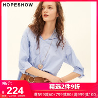 hopeshow蓝色衬衫女 红袖秋季2019新款韩版纯色V领上衣宽松衬衣