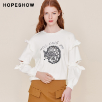 hopeshow卫衣女红袖秋季2019新款荷叶边印花套头宽松长袖白色上衣