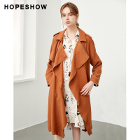 红袖女装秋季新款气质坠感纯色中长款西装领系带外套风衣女