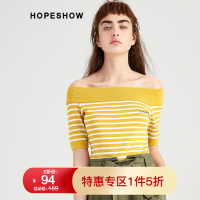 红袖针织衫 春季新款女装条纹字母刺绣一字领短袖针织衫女