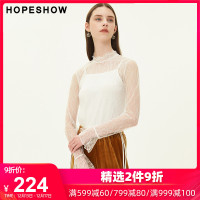 hopeshow蕾丝衫女 红袖秋季2019新款纯色圆领长袖甜美超仙的上衣