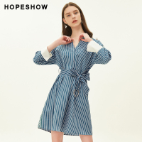 hopeshow衬衫连衣裙女红袖秋季新款早秋裙子条纹中长款智熏裙