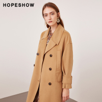 hopeshow大衣红袖新款女装100%羊毛双排扣中长毛呢外套女