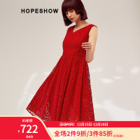 红袖连衣裙秋新款女装绑带收腰V领无袖蕾丝连衣裙 正红403