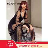 红袖连衣裙秋新款女装气质波点网纱V领长袖蕾丝连衣裙 黑色001