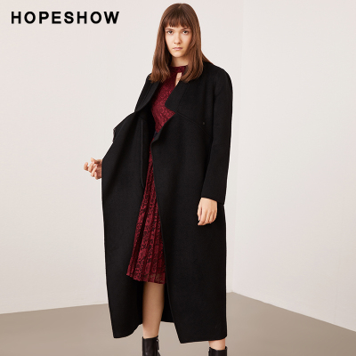 红袖新款女装羊毛大衣黑色系带长袖不对称长款过膝风衣女
