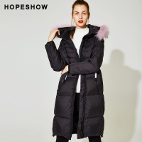 红袖女装冬装新款宽松大码大毛领中长款连帽羽绒服休闲外套