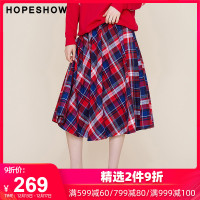 hopeshow半身裙秋装新款纯棉格子裙子撞色开叉字母短裙
