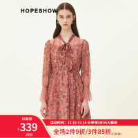 红袖连衣裙秋新款女装很仙的甜美优雅小碎花拼接蕾丝蝴蝶节系带V领连衣裙 粉花914