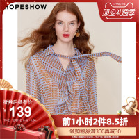 hopeshow衬衫红袖秋季2018新款女装时尚字母印花系带荷叶边小衫女