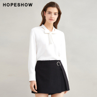 hopeshow雪纺衫红袖冬新款女装宽松白色V领套头长袖超仙上衣女