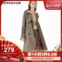 hopeshow外套女红袖秋装新款韩版宽松格纹英伦系带双排扣风衣