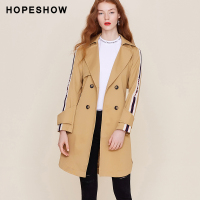 hopeshow风衣女红袖秋装新款纯棉长袖英伦风双排扣中长款外套