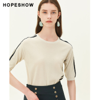 hopeshow毛针织衫女 红袖秋季新款圆领撞色边打底衫显瘦短款毛衣