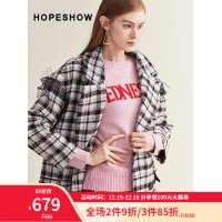 红袖毛呢大衣冬季新款女装英伦风百搭气质网纱木耳边双排扣格纹呢外套 黑格934