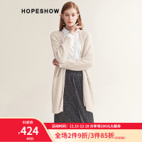 红袖针织上冬季新款女装简约百搭显瘦V领开襟落肩袖花纱修身中长款开衫 米白008