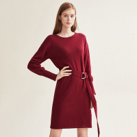 红袖连衣裙冬季新款女装气质简约百搭复古风系带圆领套头针织中裙 酒红401