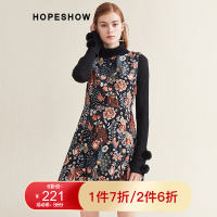红袖连衣裙冬季新款女装复古风优雅裙子提花圆领套头无袖收腰中裙 黑花916