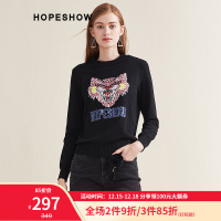 红袖针织衫冬季新款女装时尚减龄百搭显瘦韩版字母动物圆领套头上衣女 黑色001