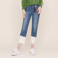 红袖牛仔裤秋新款女装简约百搭撞色水洗九分显瘦直筒裤 牛仔蓝208