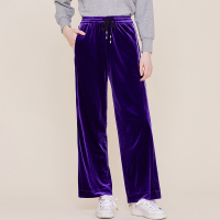 红袖休闲裤秋新款女装显瘦撞色边字母抽绳丝绒松紧腰阔腿裤 薰衣紫502