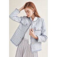 红袖短外套2019冬季新款女装雾霾蓝粗花呢单排扣轻奢小香风外套 粉蓝410