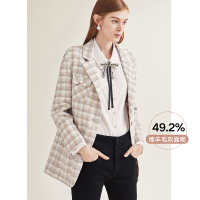 红袖毛呢大衣2019冬季新款女装千鸟格单排扣西装领双面呢外套 米格914