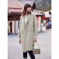 红袖毛呢大衣2019冬季新款女装百搭格纹双排扣双面呢中长西装领外套格917