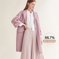 红袖毛呢大衣2019冬季新款女装粉色绵羊毛外衣翻边落肩袖中长款双面呢外套 玫粉177