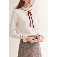 红袖毛衣2019冬季新款女装木耳边半高领针织衫撞色喇叭袖套头毛衫针织衫