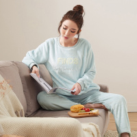 都市丽人可爱卡通字母刺绣法兰绒厚款加绒保暖家居服套装女士睡衣DSH021