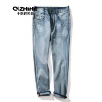 千纸鹤牛仔裤男修身韩版潮流天丝刺绣时尚猫须磨白做旧裤子80107