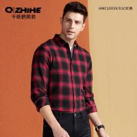 千纸鹤男装衬衣男 2018秋冬青年修身方领纯棉色织格子衬衫男10039