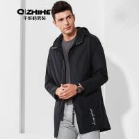 千纸鹤男士风衣中长款连帽欧美风青年休闲字母绣花修身款外套3802