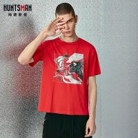 海德斯曼印花红色短袖t恤男 学生圆领宽松半截袖潮男夏装体恤2726