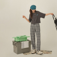 OtherMix格子宽松休闲裤女2021年夏季新款高腰薄款阔腿九分裤子潮