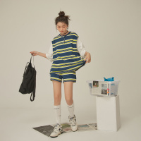 OtherMix假两件条纹拼接t恤女2021年早秋新款时尚圆领宽松上衣潮