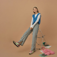 OtherMix封神格子休闲裤女2021年早秋高腰学院风薄款开叉阔腿裤子