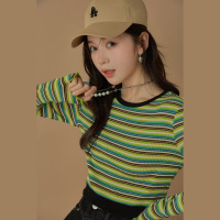 OtherMix条纹肌理短款t恤女2021年早秋新款长袖修身圆领百搭上衣
