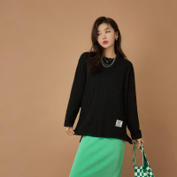 OtherMix贴布纯色t恤女2021年早秋季新款圆领长袖中长款小众上衣