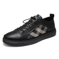 策霸2020春季板鞋圆头乐福鞋透气时尚格子休闲男鞋子