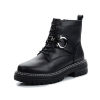 策恩公牛真皮马丁靴女2020新款秋季英伦风百搭休闲短靴女粗跟复工中筒女鞋