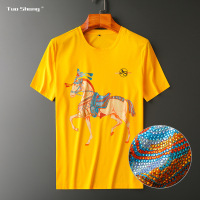 策霸2020夏新款 |男装欧货轻奢烫钻男士数码印花骏马图案丝光棉