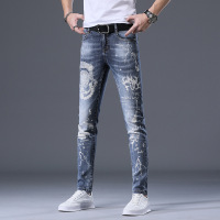 策恩公牛新款烫钻破洞牛仔裤男2020潮牌弹力修身休闲小脚裤子