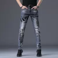 策恩公牛烟灰色修身牛仔裤男装欧潮潮流烫钻印花青年时尚弹力男士小脚裤子