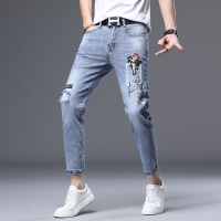 策恩公牛破洞牛仔裤男装潮流个性男士裤子破洞时尚修身九分牛仔裤